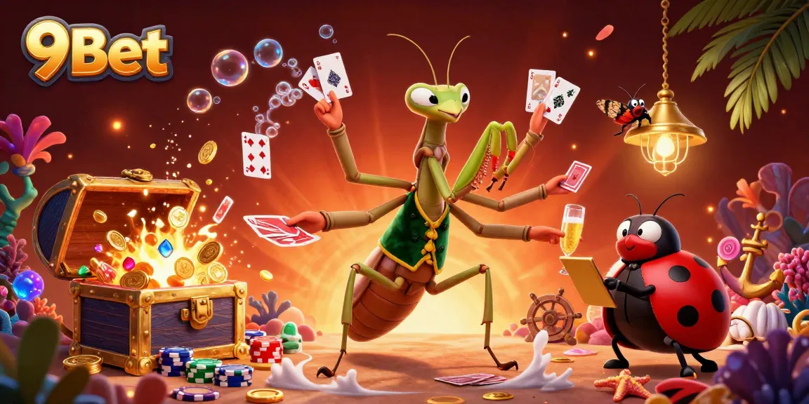 9Bet characters engage in thrilling card games amidst vibrant casino elements in a dynamic scene.