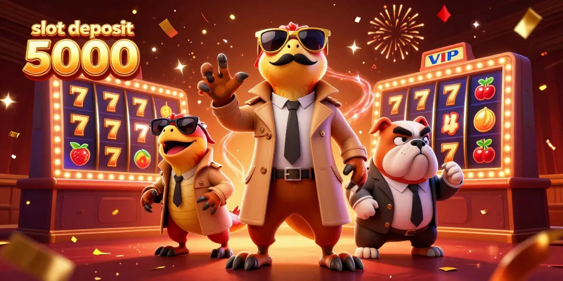 Slot deposit 5000 dengan karakter kartun tiga raptor menyamar di kasino VIP penuh warna.