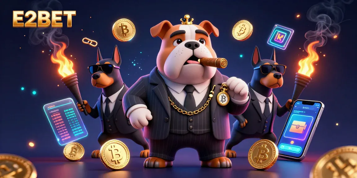 E2BET mafia boss bulldog and Dobermans amidst glowing crypto elements, engaging in high-stakes betting.
