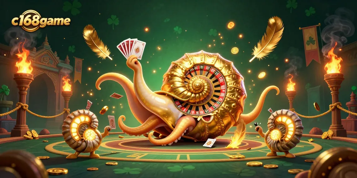 Engage with the exciting world of c168game as a giant nautilus deals cards in a vibrant casino scene.