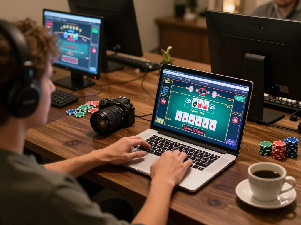 Player engaging in live casino game at home, showcasing the 58wiin platform with vibrant visuals