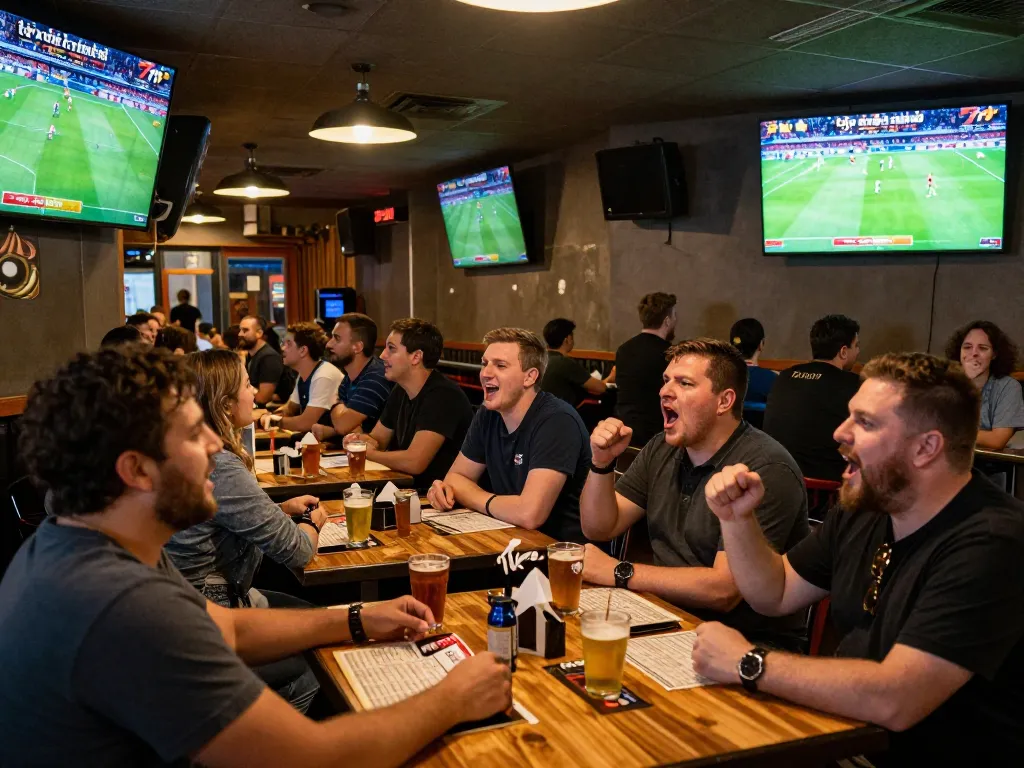 Experience the excitement of tỷ số trực tuyến 7m with patrons cheering during live sports betting.