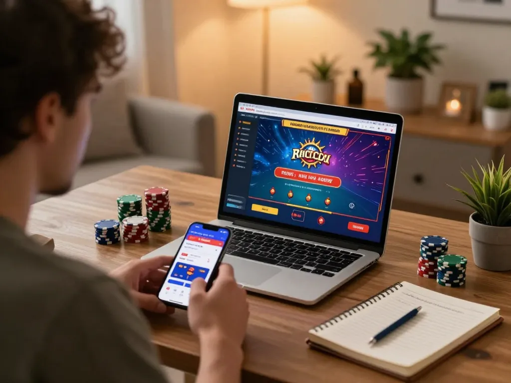 Joueur profitant des jeux d'argent en ligne à domicile, présentant un casino en ligne fiable à travers une interface dynamique et une pratique responsable.