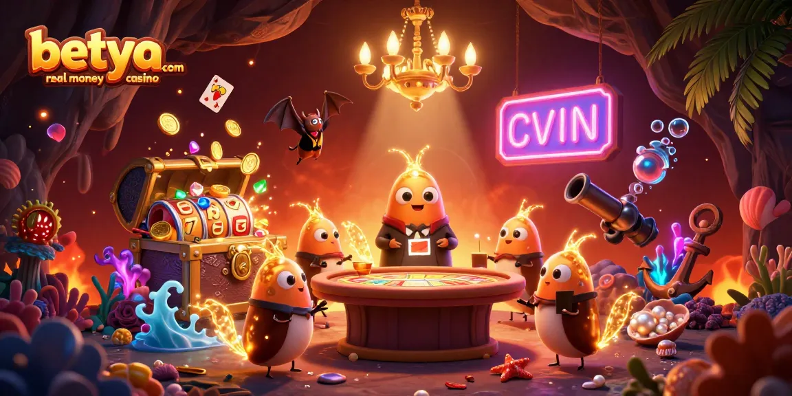 Betya.com real money casino illuminated by glowworms and a bat dealer, surrounded by vibrant gaming symbols.