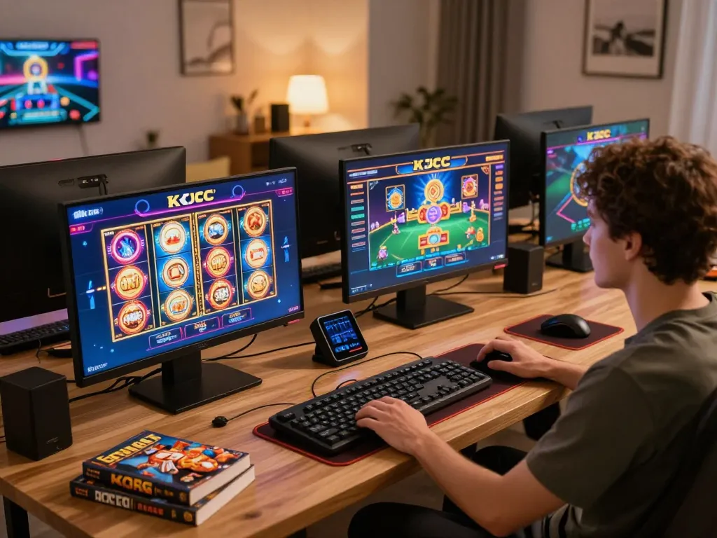 KJC user intensely engages in online casino gaming with vibrant slots in their modern home.