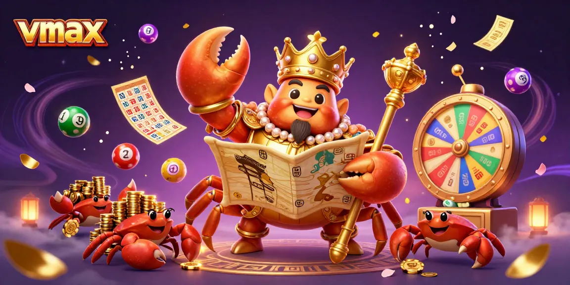 Engage with vmax gaming excitement featuring a golden crab emperor amidst vibrant gambling elements.