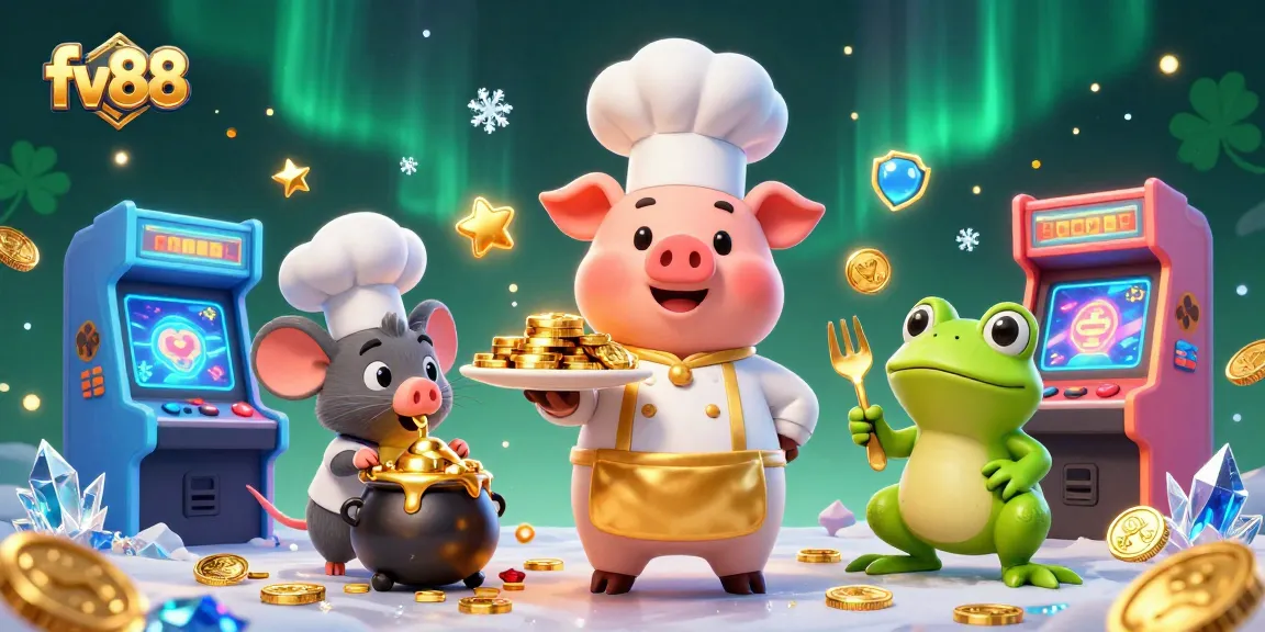 Play and win with fv88's exciting gold-themed casino game scene featuring vibrant characters and gaming elements.