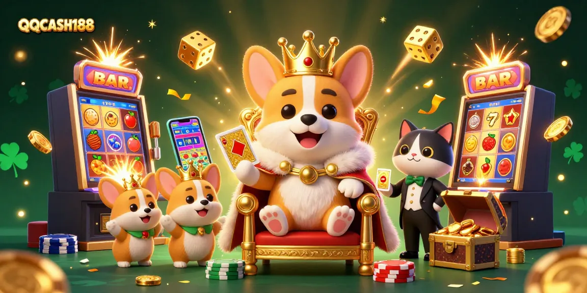 Experience the thrill of QQCASH188 with a royal corgi on a throne of poker chips.