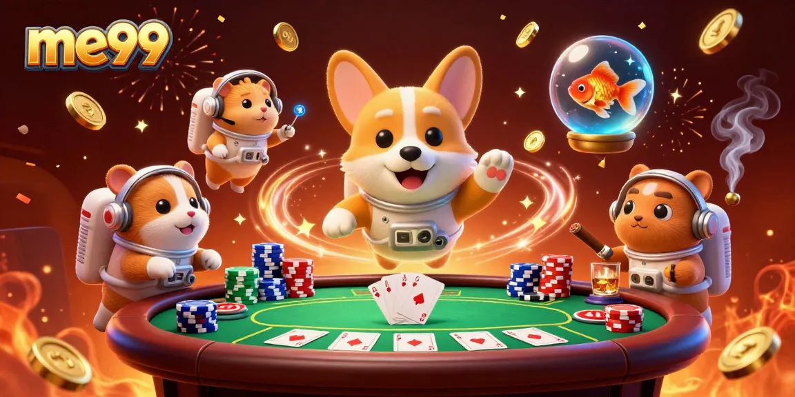 Experience me99 online casino action with a 3D astronaut corgi in a cosmic poker scene!