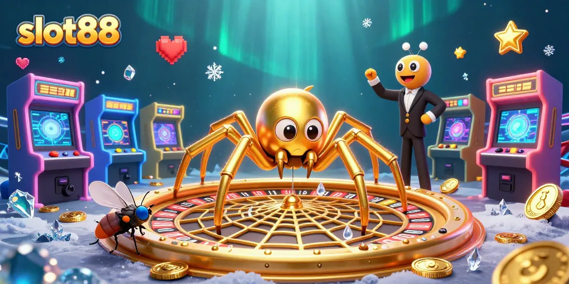Engage with slot88 and spin the roulette web in this vibrant casino illustration featuring characters and video game elements.