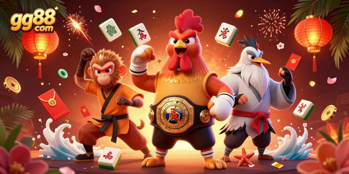 Engage in exciting gaming action at gg88 com with dynamic 3D characters and festive casino elements.