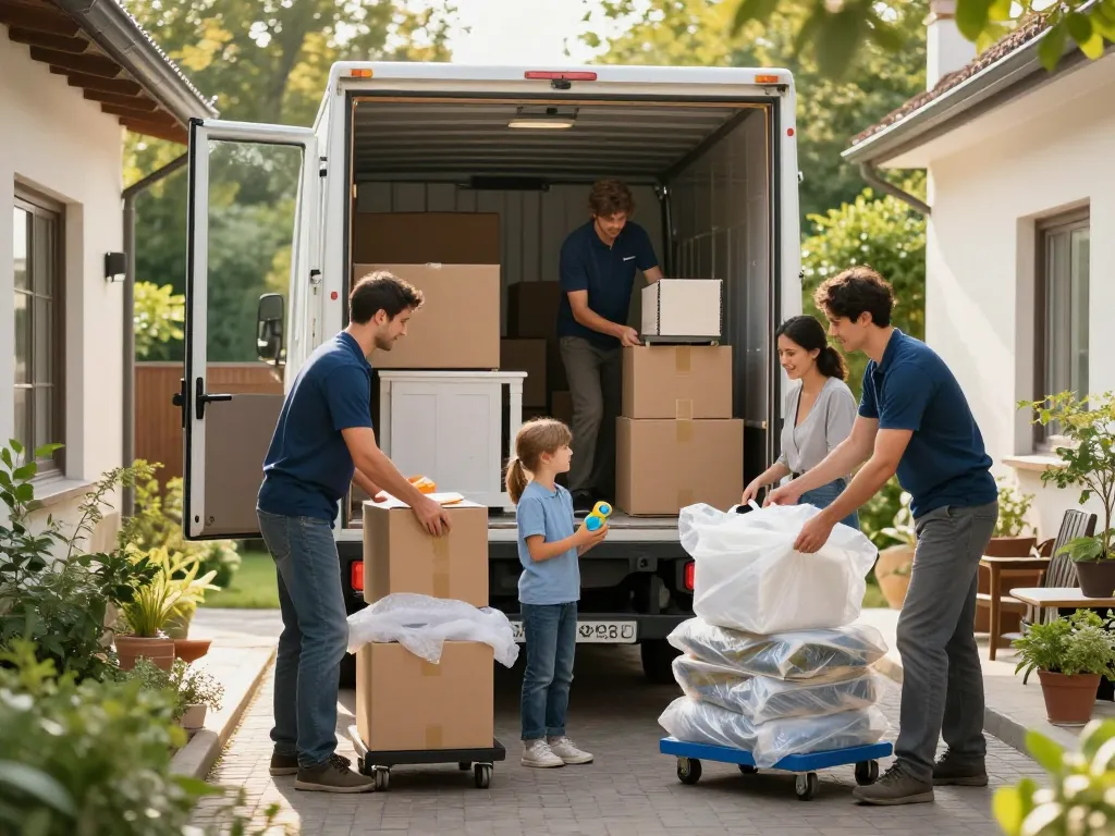 Geschulte Umzugshelfer von umzugsunternehmen Hannover, die am sonnigen Nachmittag die Habseligkeiten einer Familie sorgfältig in einen Umzugswagen packen.