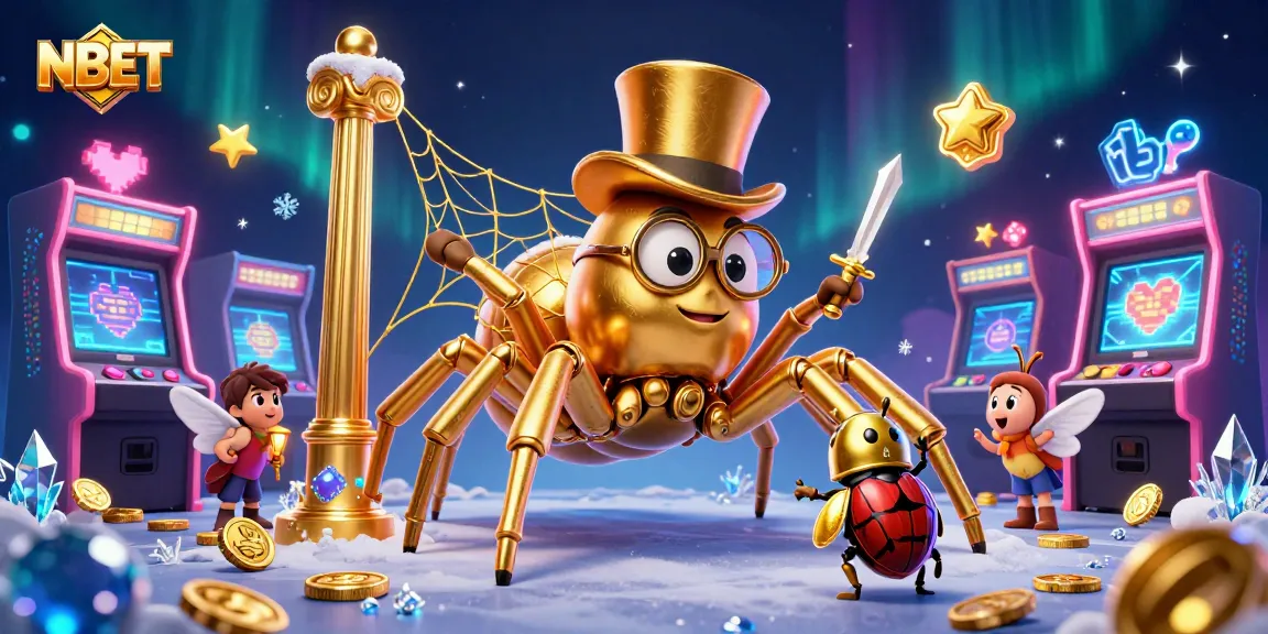 Engage with NBET in a vibrant digital casino scene featuring a giant golden tarantula and beetle knight.