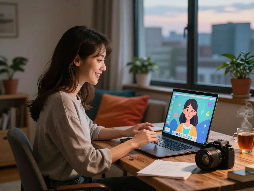 Cozy home office scene with woman interacting with her AI gf on a laptop, showcasing digital companionship.