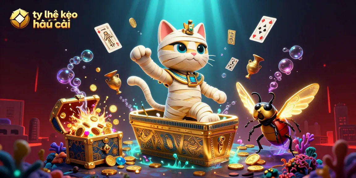 The vibrant scene showcases tỷ lệ kèo nhà cái with a mummy cat and scarab beetle among casino treasures.
