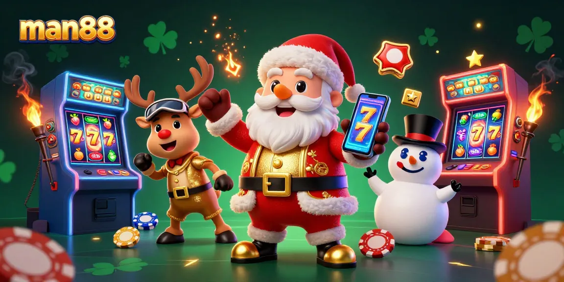 Win big with man88 at the casino, featuring Santa Claus, reindeer dealer, and a poker chip snowman