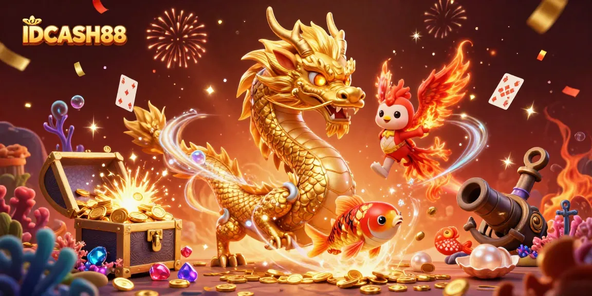 Play and win with IDCASH88, featuring vibrant 3D elements like a dragon and treasure in a casino-themed scene.