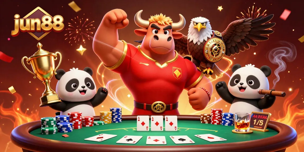 Experience thrilling wins with jun88 at a vibrant casino, featuring cartoon bull and eagle with poker elements.