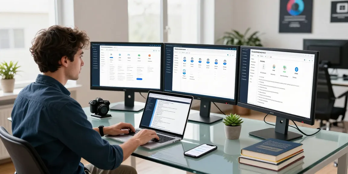 Developer showcasing an age verification system in a modern tech workspace with multiple monitors.