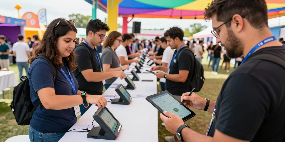 Efficient pago cashless en eventos showcased at a vibrant festival with staff managing NFC wristband access and payments.