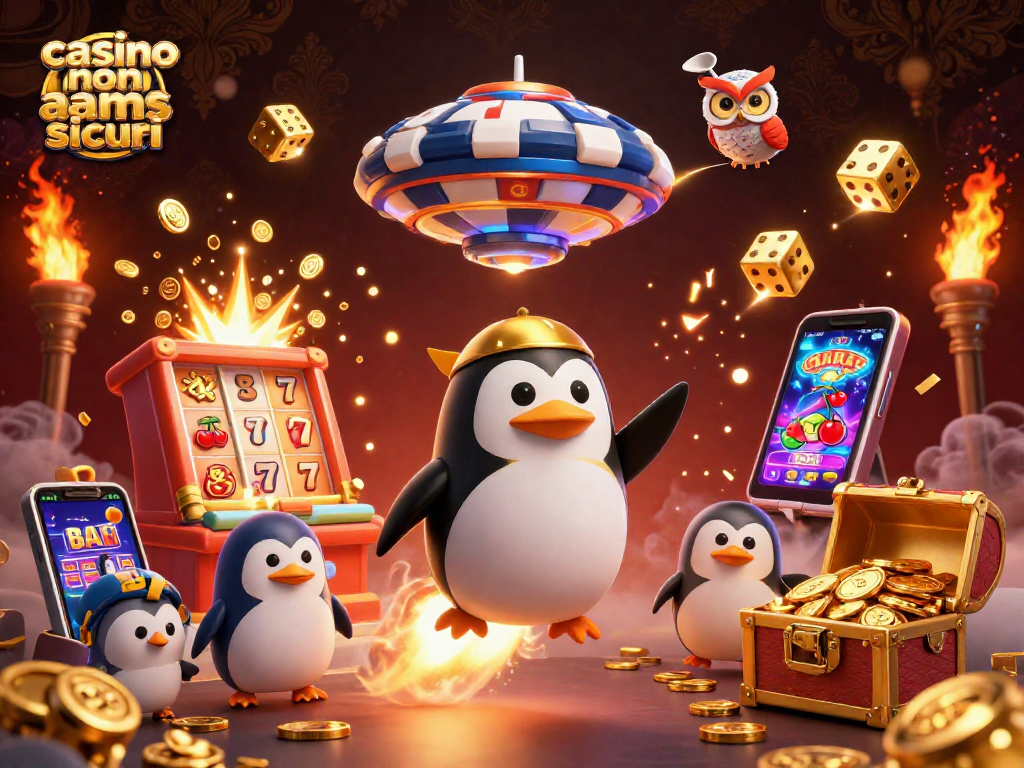 Esplora il mondo dei casino non AAMS sicuri con un'illustrazione vivace di un pinguino dorato che vola verso un casinò spaziale.