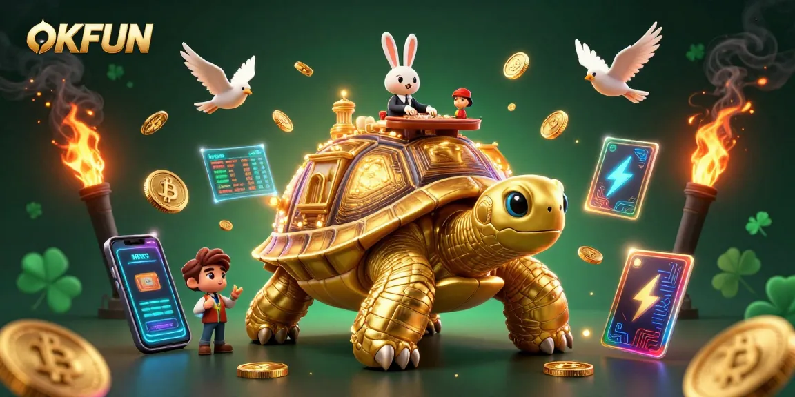 OKFUN casino illustration with a golden tortoise, rabbit dealer, and birds carrying coins