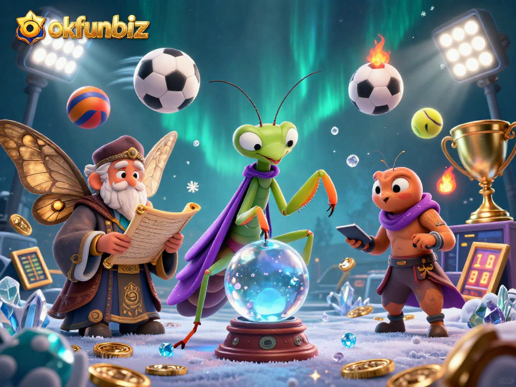 Engage in thrilling sports betting activities with okfunbiz while exploring a mystical scene featuring a praying mantis and moth.