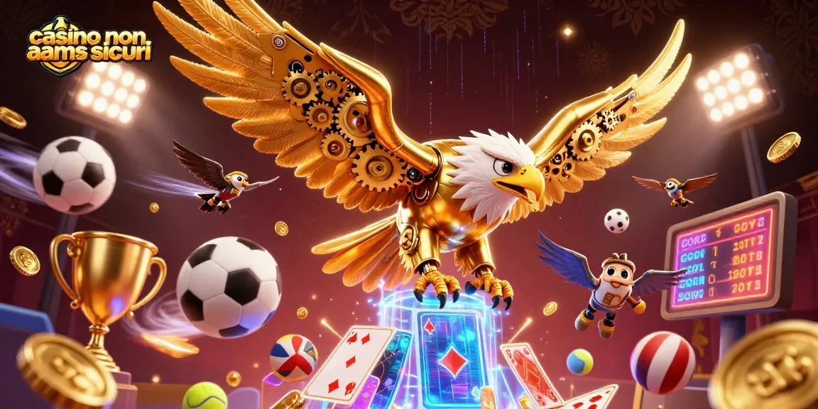Gioca con casino non AAMS sicuri e vinci con palloni sportivi e carte olografiche in una scena dinamica.