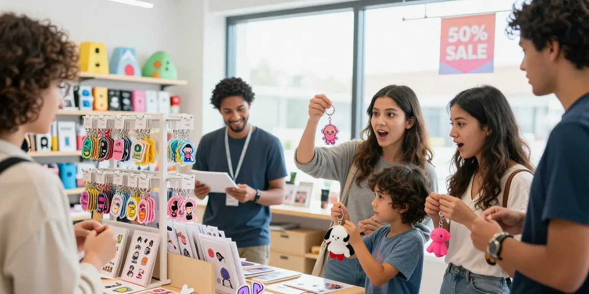 Excited shoppers explore custom keychains and merchandise in a vibrant retail setting.