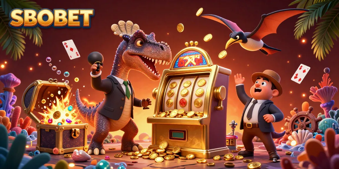 SBOBET players gather jackpot coins from a dynamic casino scene with cartoon dinosaurs.