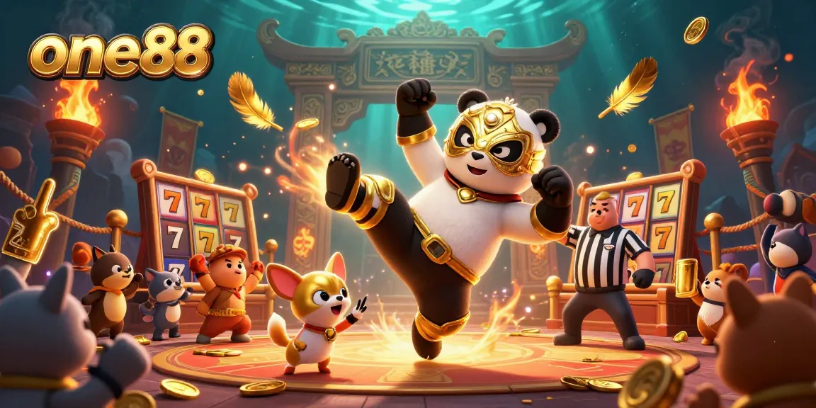 one88 slots scene with a panda wrestler and chihuahua referee in a colorful casino arena