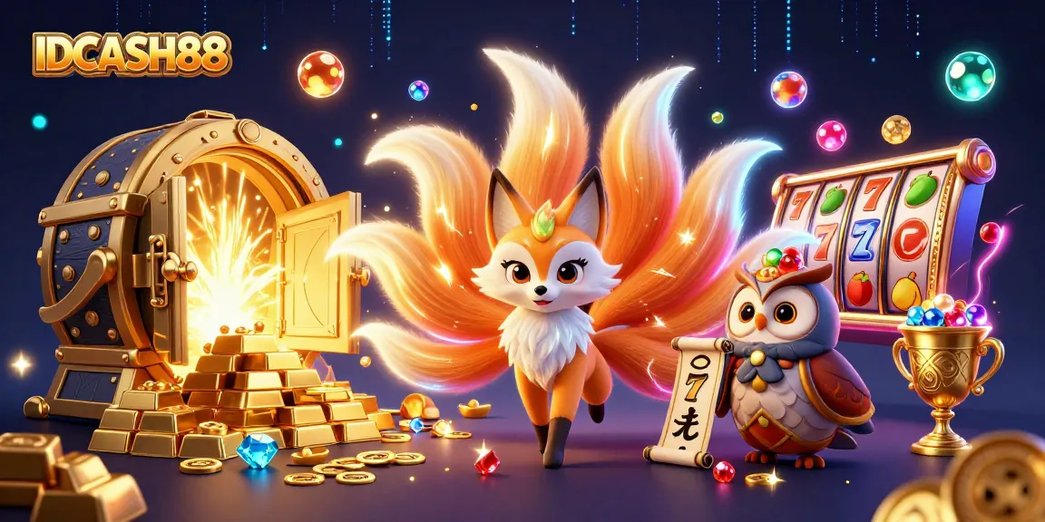 Spin the reels of IDCASH88 with an enchanting nine-tailed fox and wise owl, surrounded by dazzling treasures.