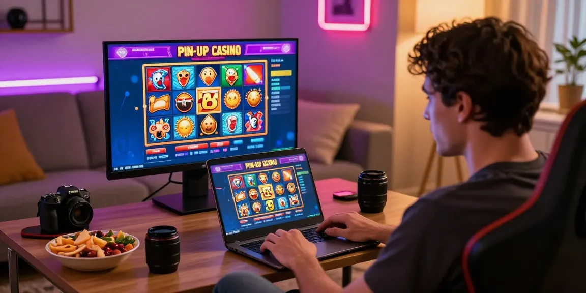 Engaging online gaming atmosphere with player exploring www.online-pin-up-paraguay.com, showcasing vibrant game icons and cozy home setup.