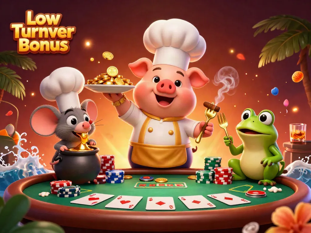 Engage with Low Turnover Bonus as a chef pig serves golden coins amidst an exciting poker scene.