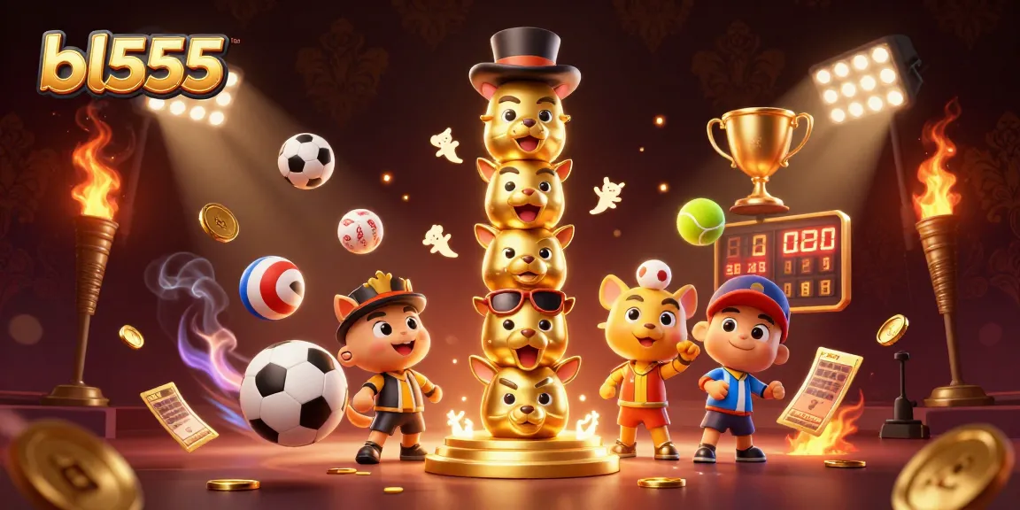 Experience the fun of bl555 with a dynamic 3D illustration showcasing casino excitement and sports betting elements.