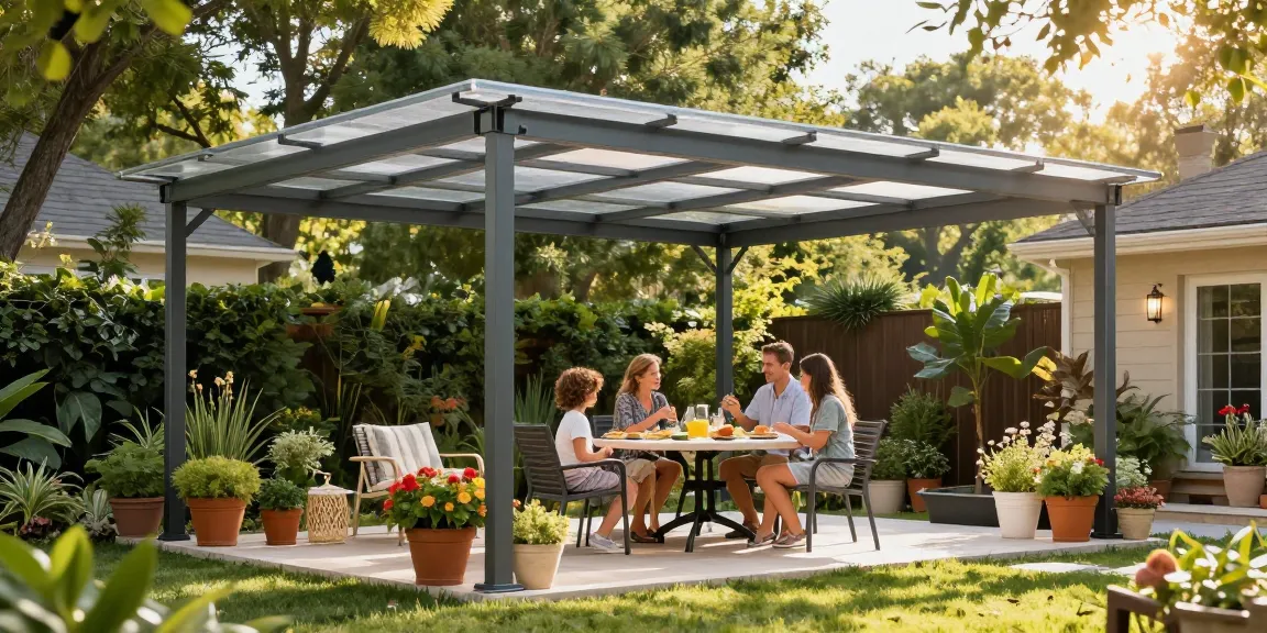 Freistehende Terrassenüberdachung im Garten mit Familie, harmonisch und modern.