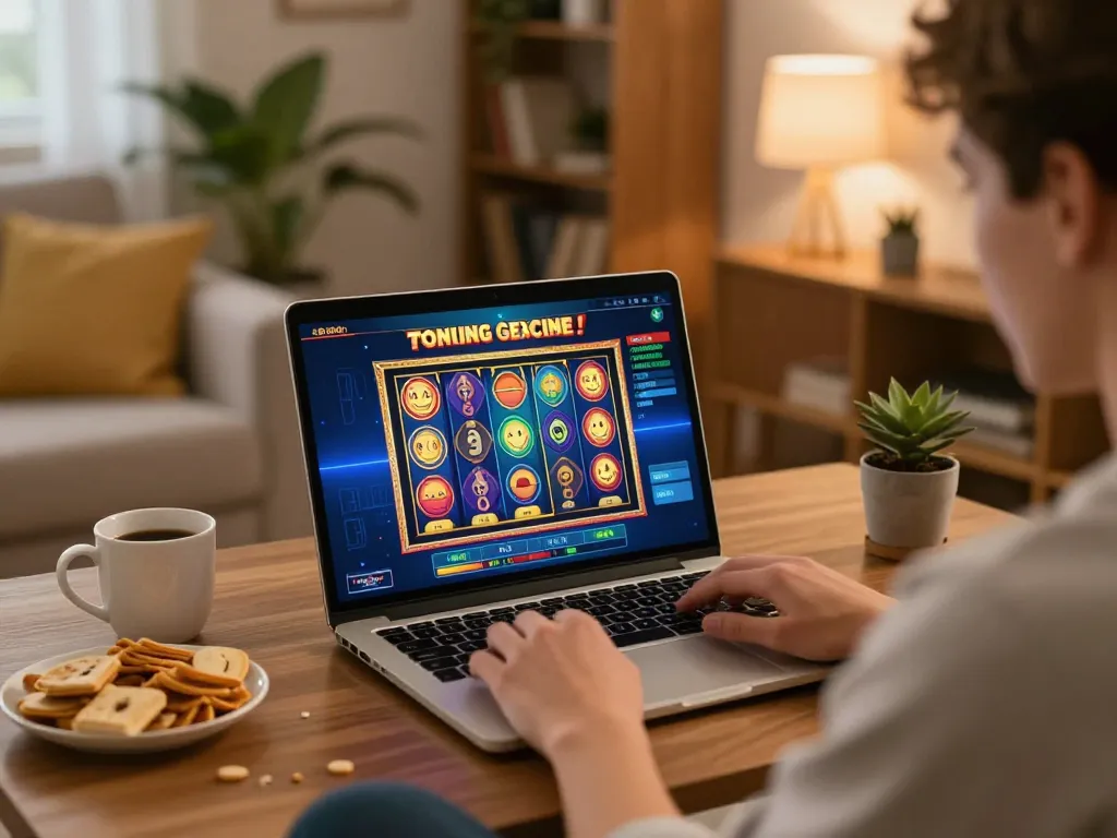 Player enjoying jus77 slot games on a laptop at home, creating a cozy gaming atmosphere