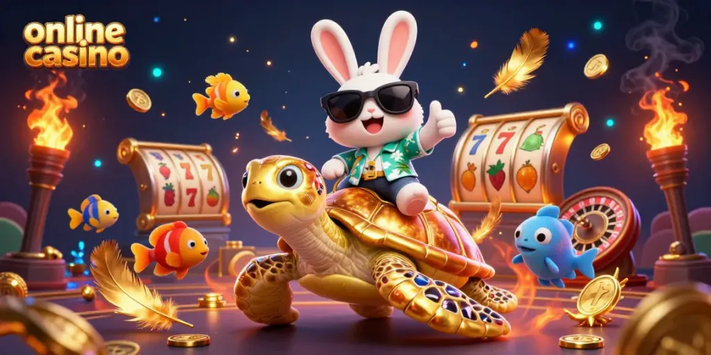 Experience excitement with this vibrant 3D casino scene where a lucky rabbit and sea turtle celebrate an online casino adventure!