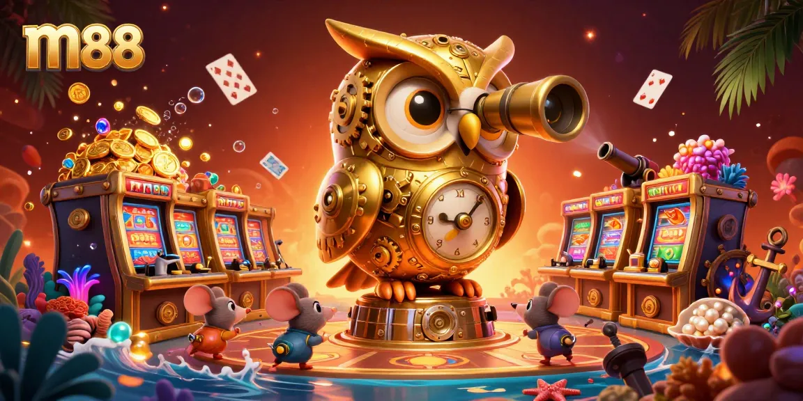 Join the excitement with m88 as the golden owl oversees a vibrant casino scene, full of treasures.