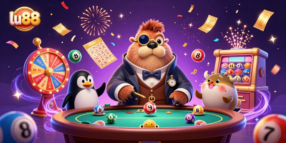 lu88 casino scene with a walrus playing poker, pufferfish bluffing, and winning moments