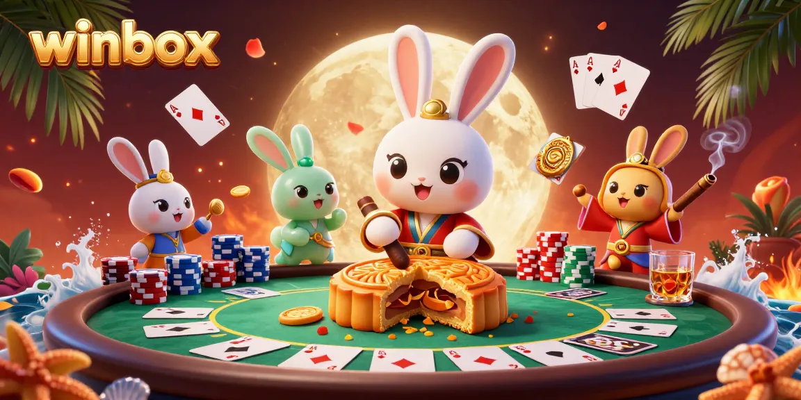 Winbox unveils a vibrant 3D moon rabbit scene, revealing poker chips and casino elements amidst a dazzling atmosphere.