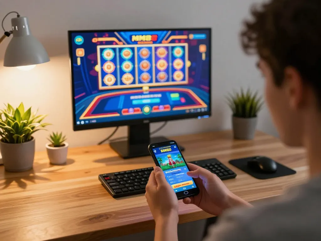 Engaging with MM88 casino app on smartphone in a cozy home gaming setup.