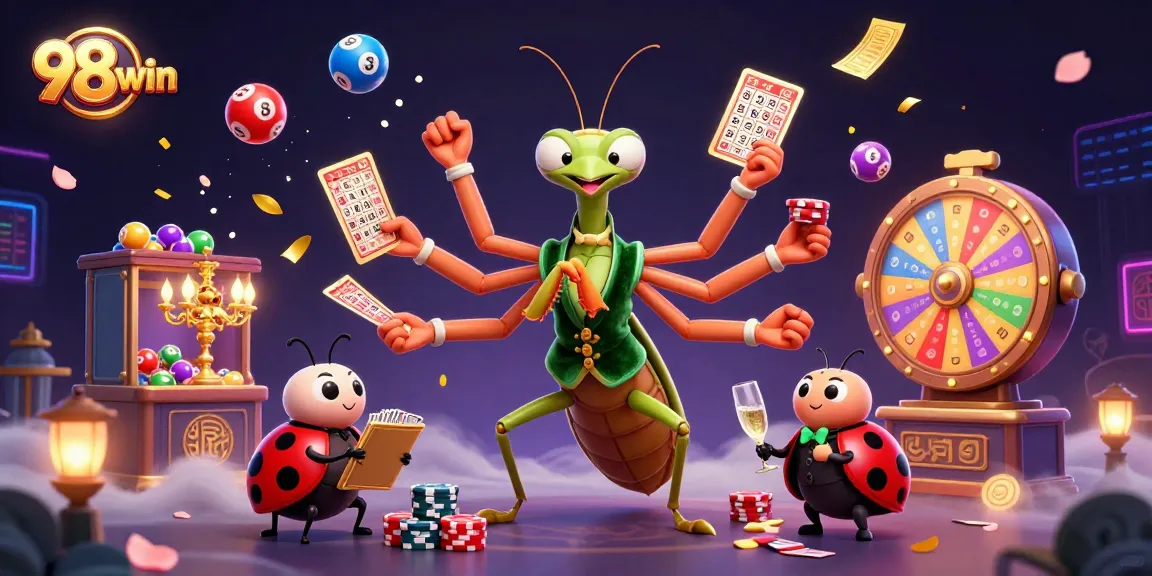 Engage with 98win's thrilling casino experience as animated characters deal cards and celebrate wins.