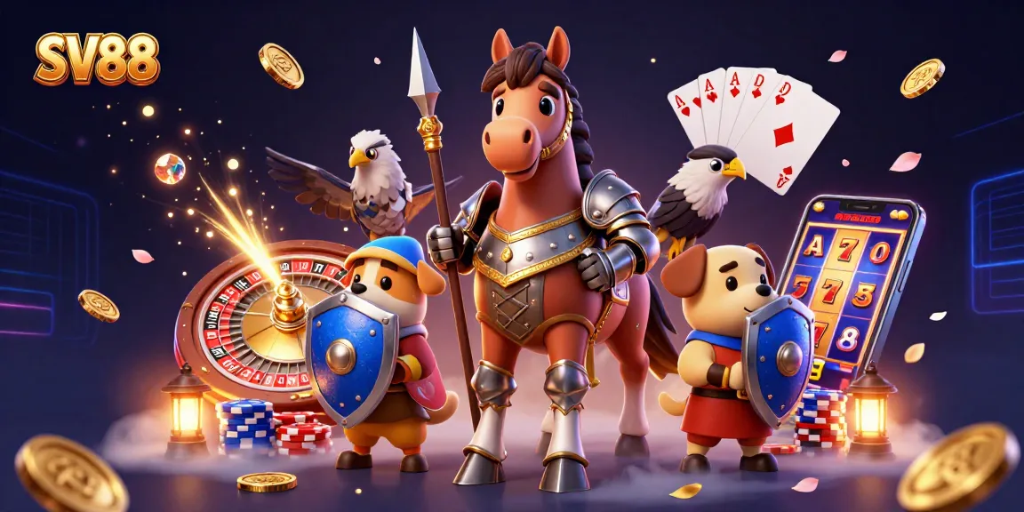 Engage with SV88's vibrant casino scene featuring a knight, puppy, and falcon amidst golden coins and poker chips.