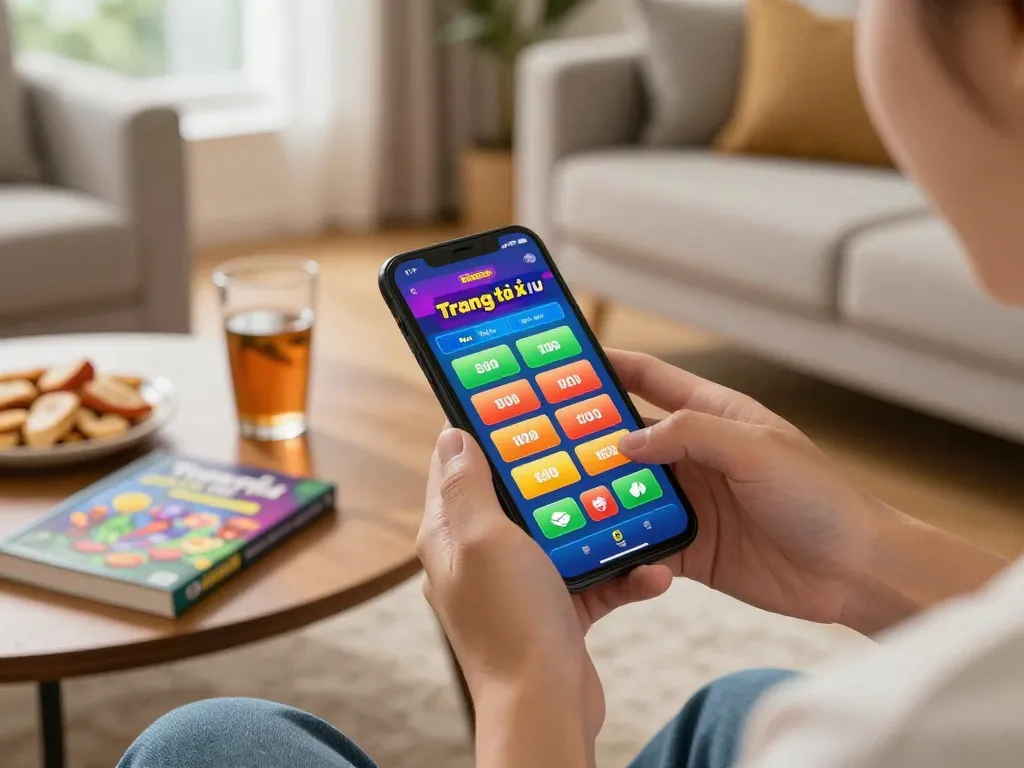 Engaging in Trang tài xỉu online gameplay on smartphone in a cozy home environment.