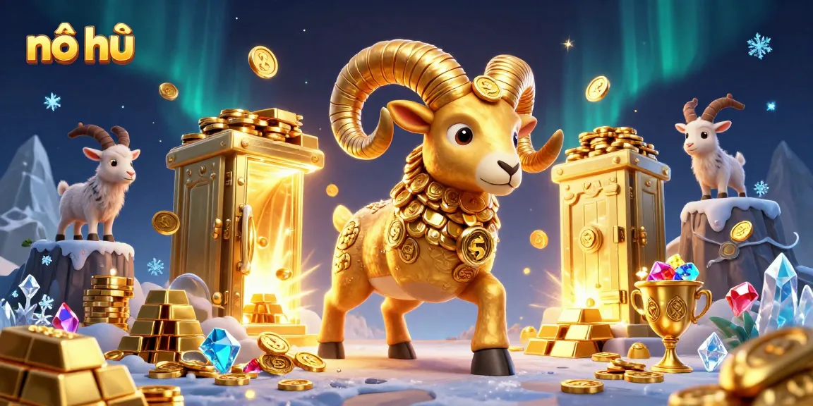 Engage in nổ hũ adventures with a cartoon golden ram charging through a treasure-filled casino.