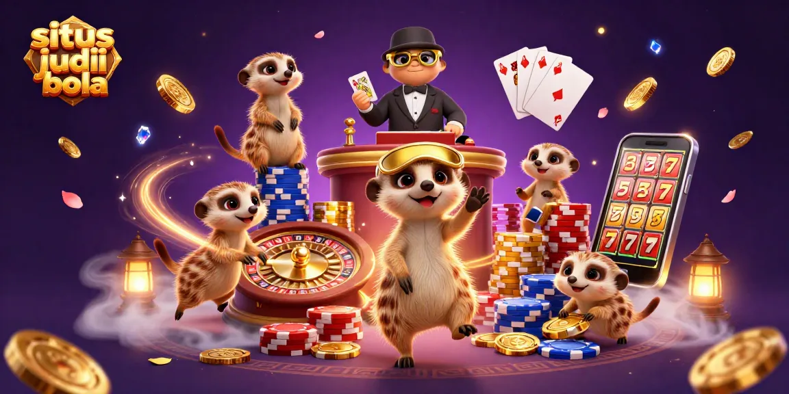 Situs judi bola: Meerkats masterfully managing a vibrant casino with casino elements and dynamic game features.