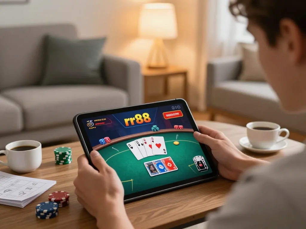 Player engaging in rr88 online poker from home setting with cozy atmosphere