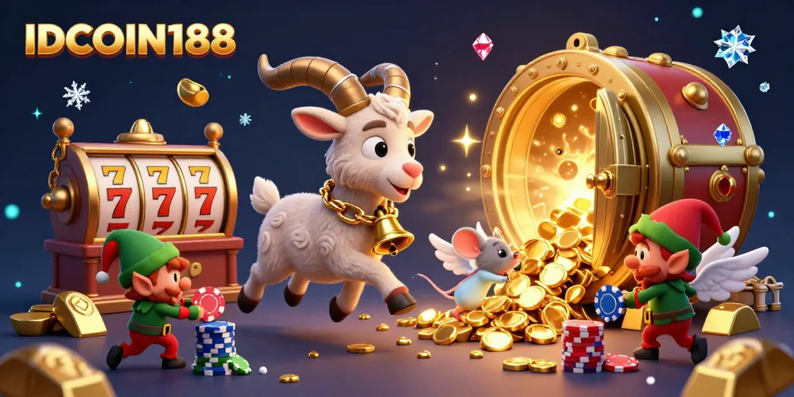 IDCOIN188 engages players with a festive casino scene featuring Krampus and mischievous elves, enhancing playful gambling.