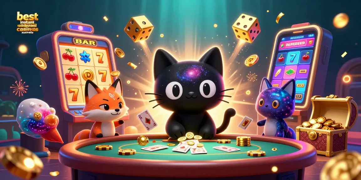 The best instant withdrawal casinos Australia showcased in a colorful, dynamic casino scene with engaging characters and game elements.